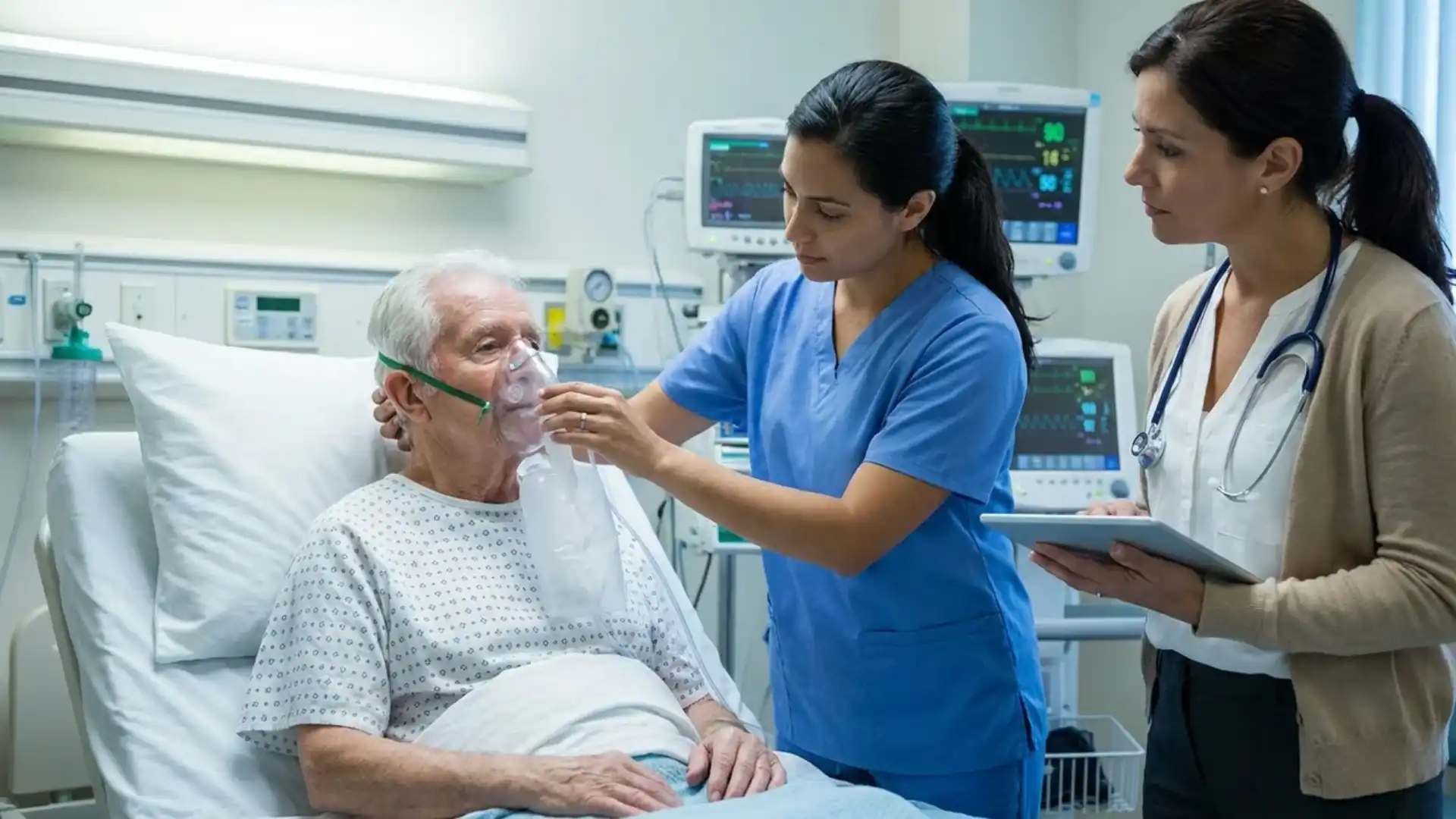 respiratory assistant helping hospital patient use an oxygen mask