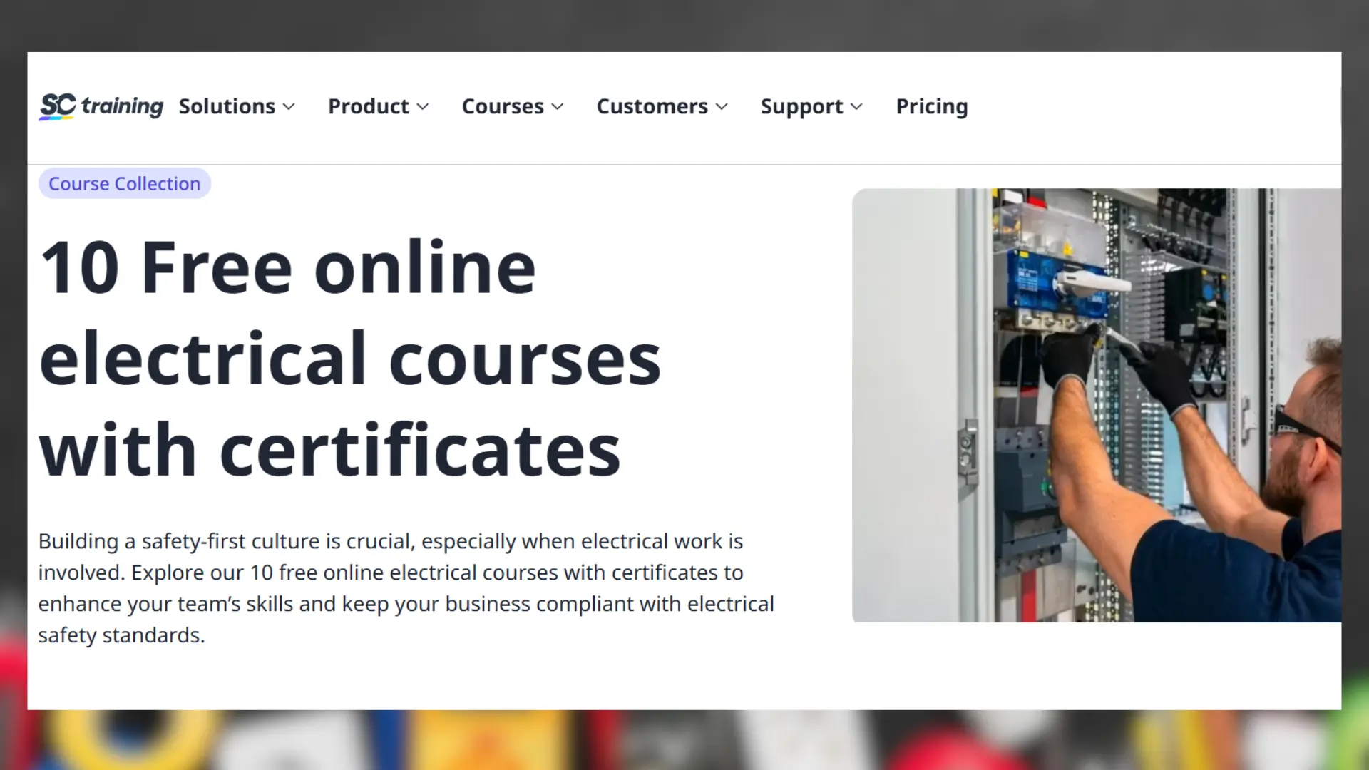 electrician wearing gloves works on an electrical panel, next to text promoting "10 free online electrical courses with certificates"