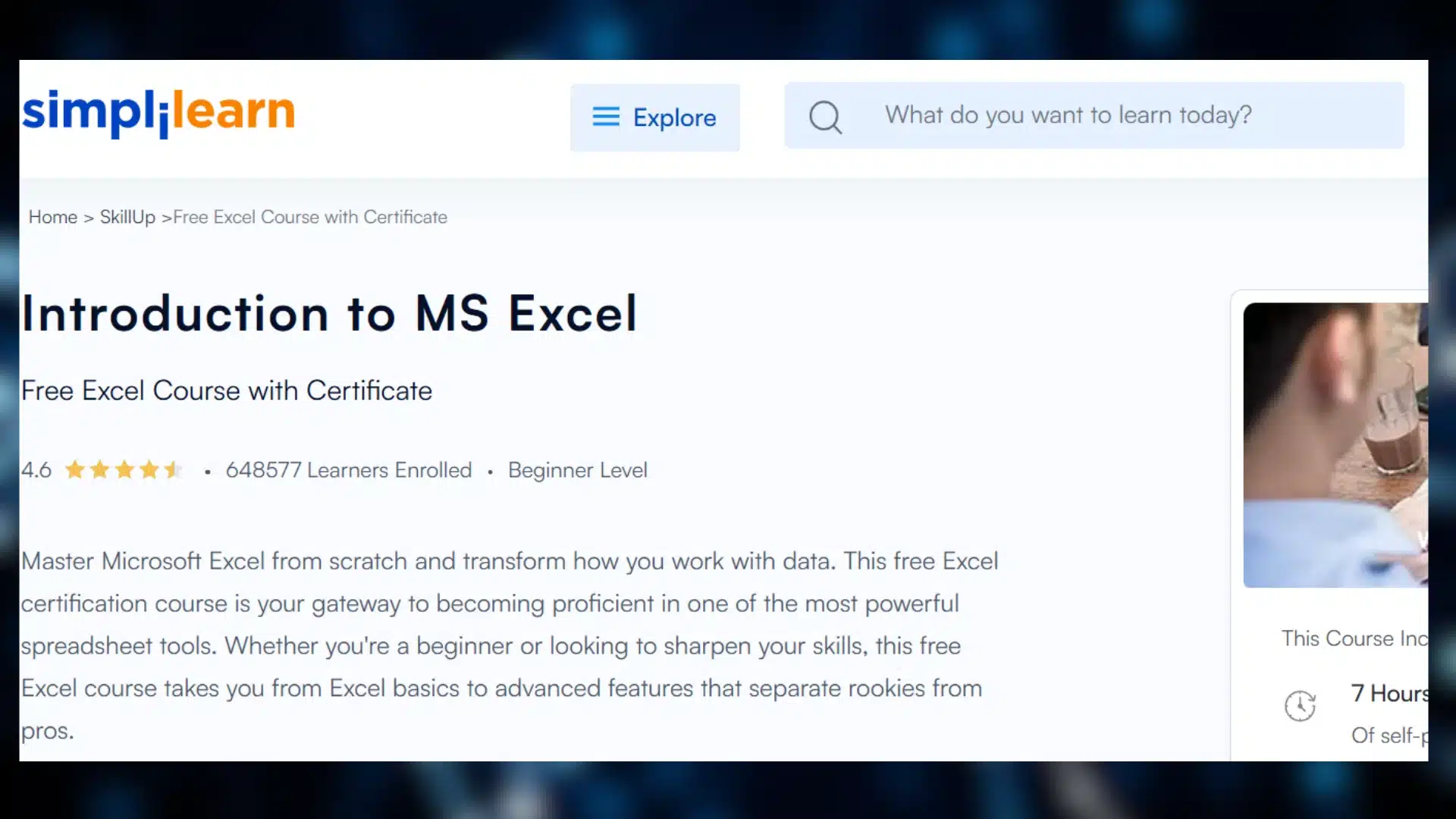 simplilearn website displaying "introduction to ms excel" course details with enrollment numbers and rating