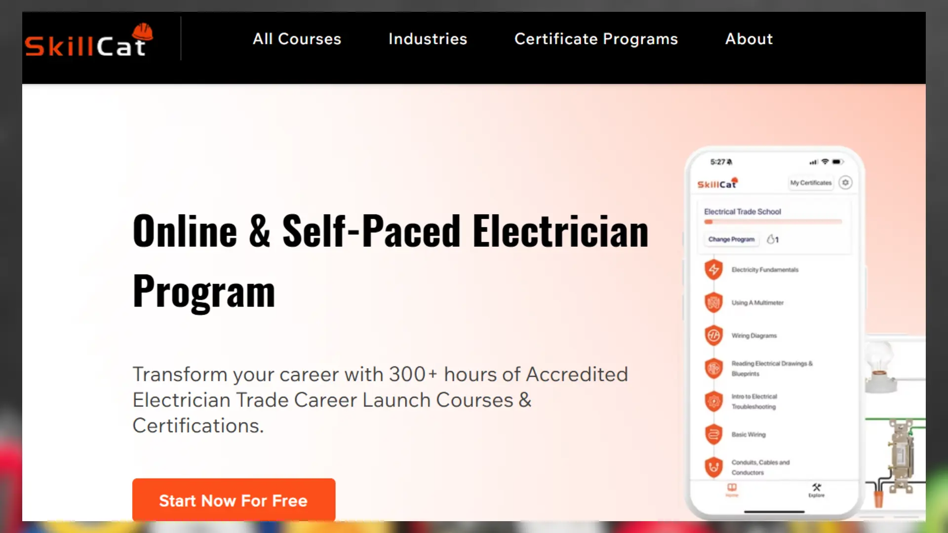 skillcat website displaying an online and self-paced electrician program with a mobile app interface showing course modules