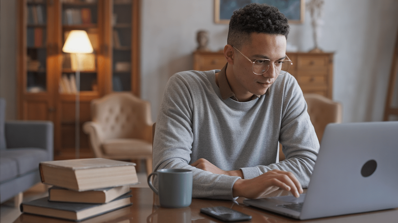 Young man completing a free theology certification course online