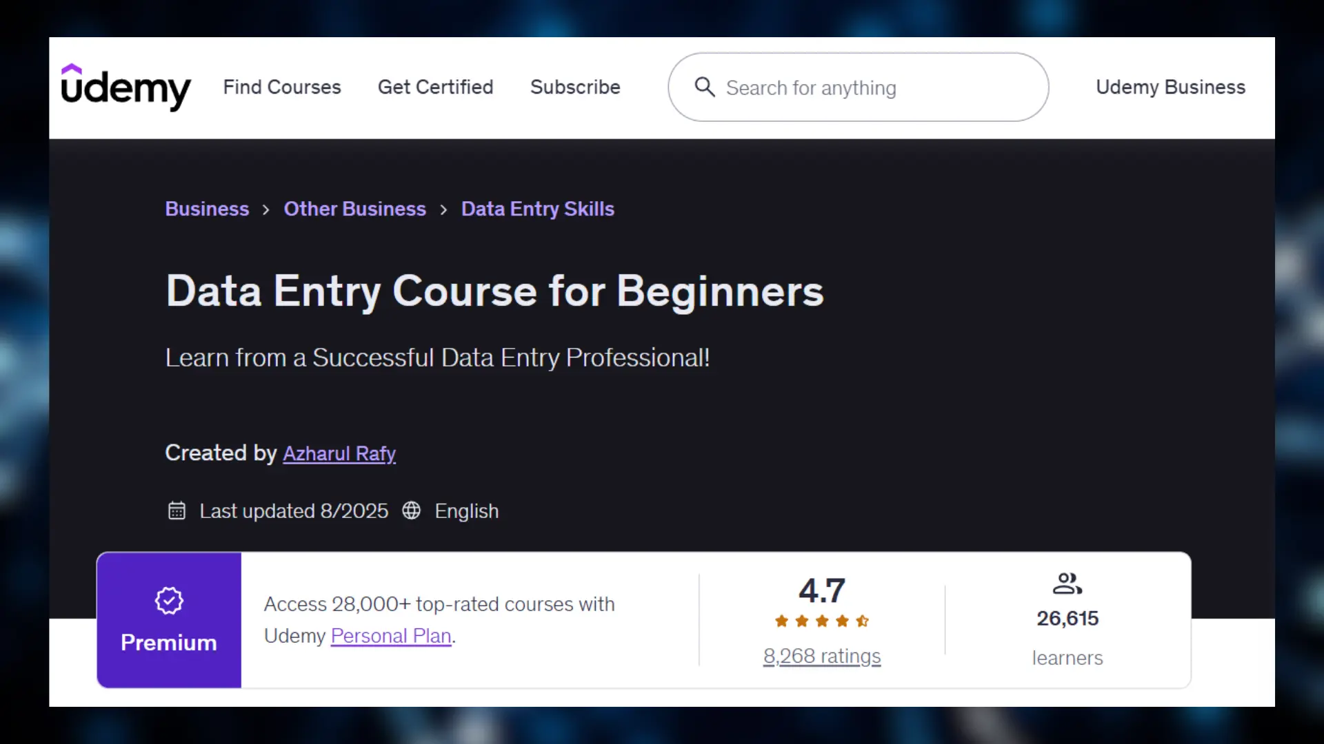 udemy course page for "data entry course for beginners" created by azharul rafy, rated 4.7 stars with 26,615 learners