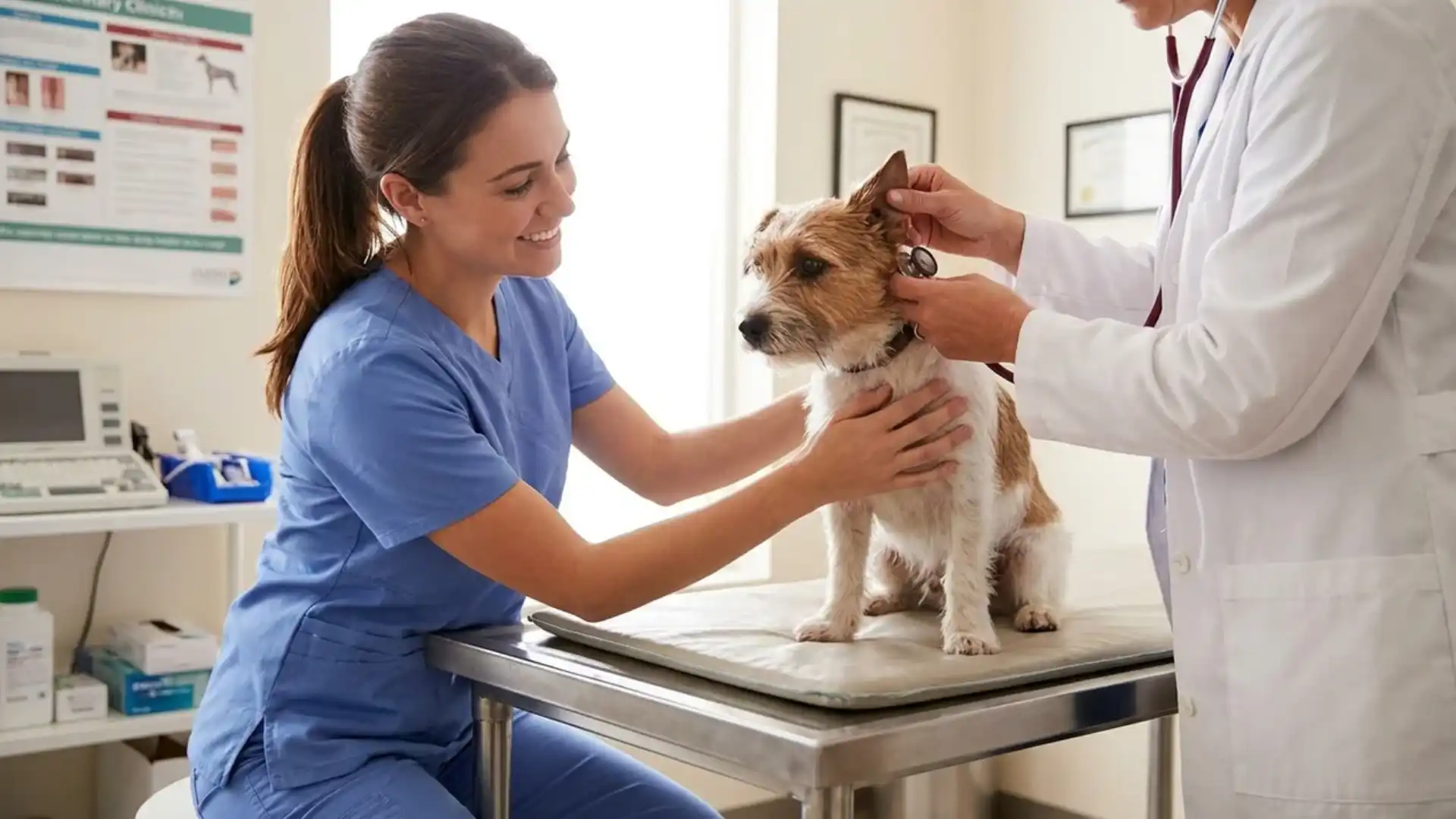 veterinary assistant holding small dog steady during checkup exam