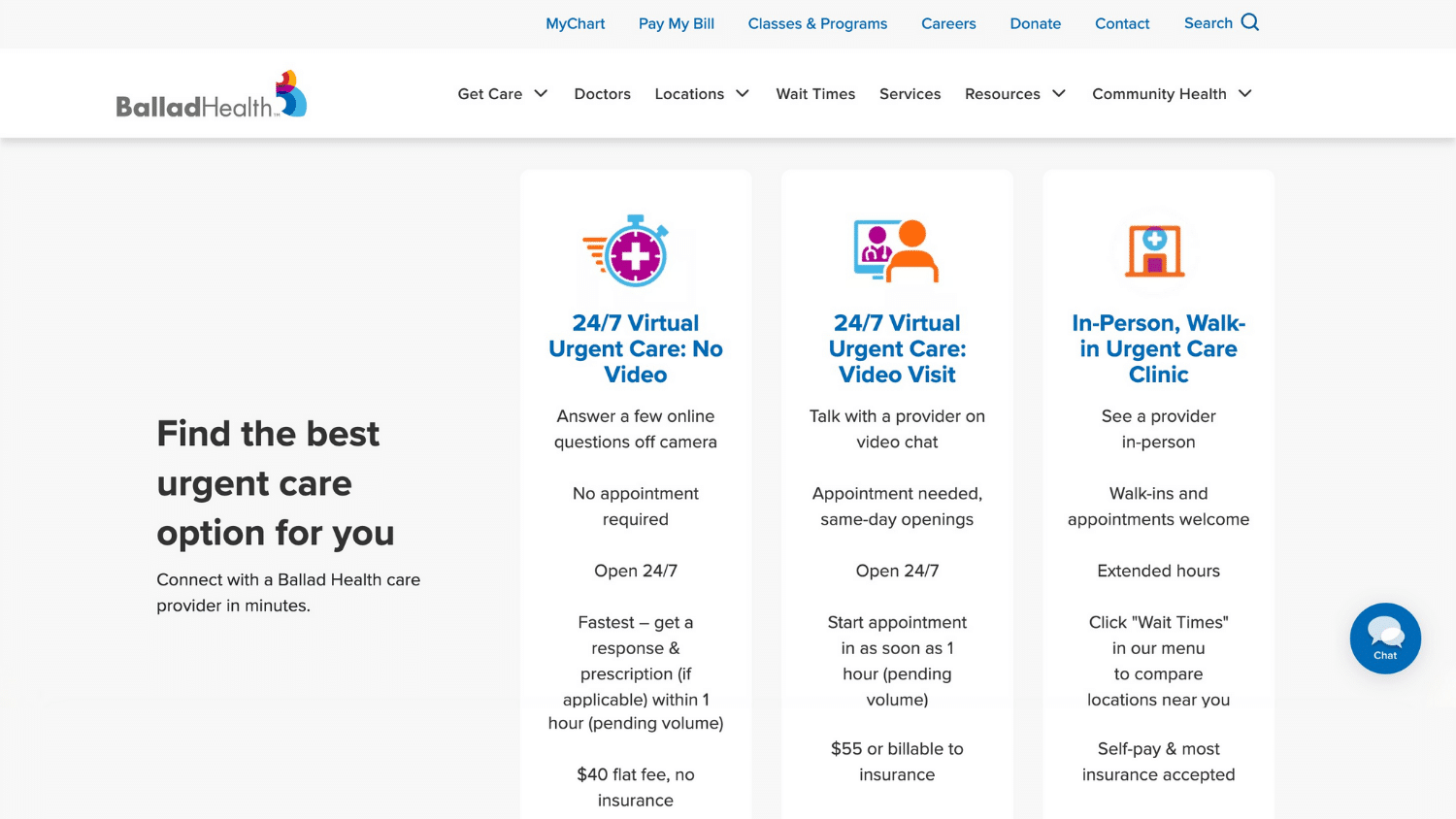 Ballad Health webpage displaying three urgent care options 24_7 Virtual No Video, 24_7 Virtual Video Visit, and In-Person Walk-in Clinic