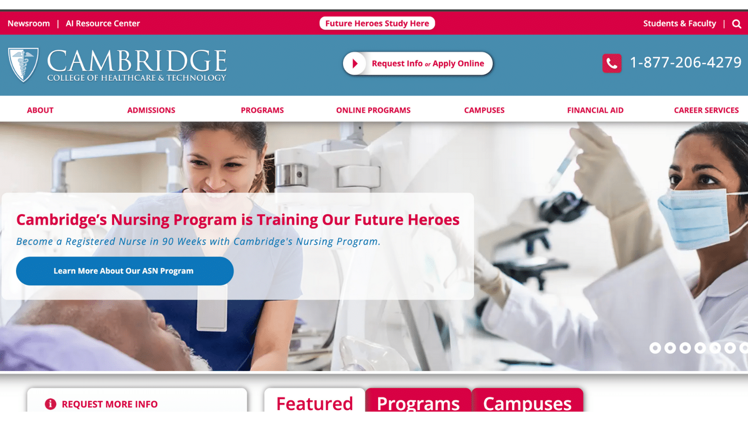 Homepage screenshot for Cambridge College of Healthcare & Technology featuring healthcare students, a call to action for the Nursing Program, etc