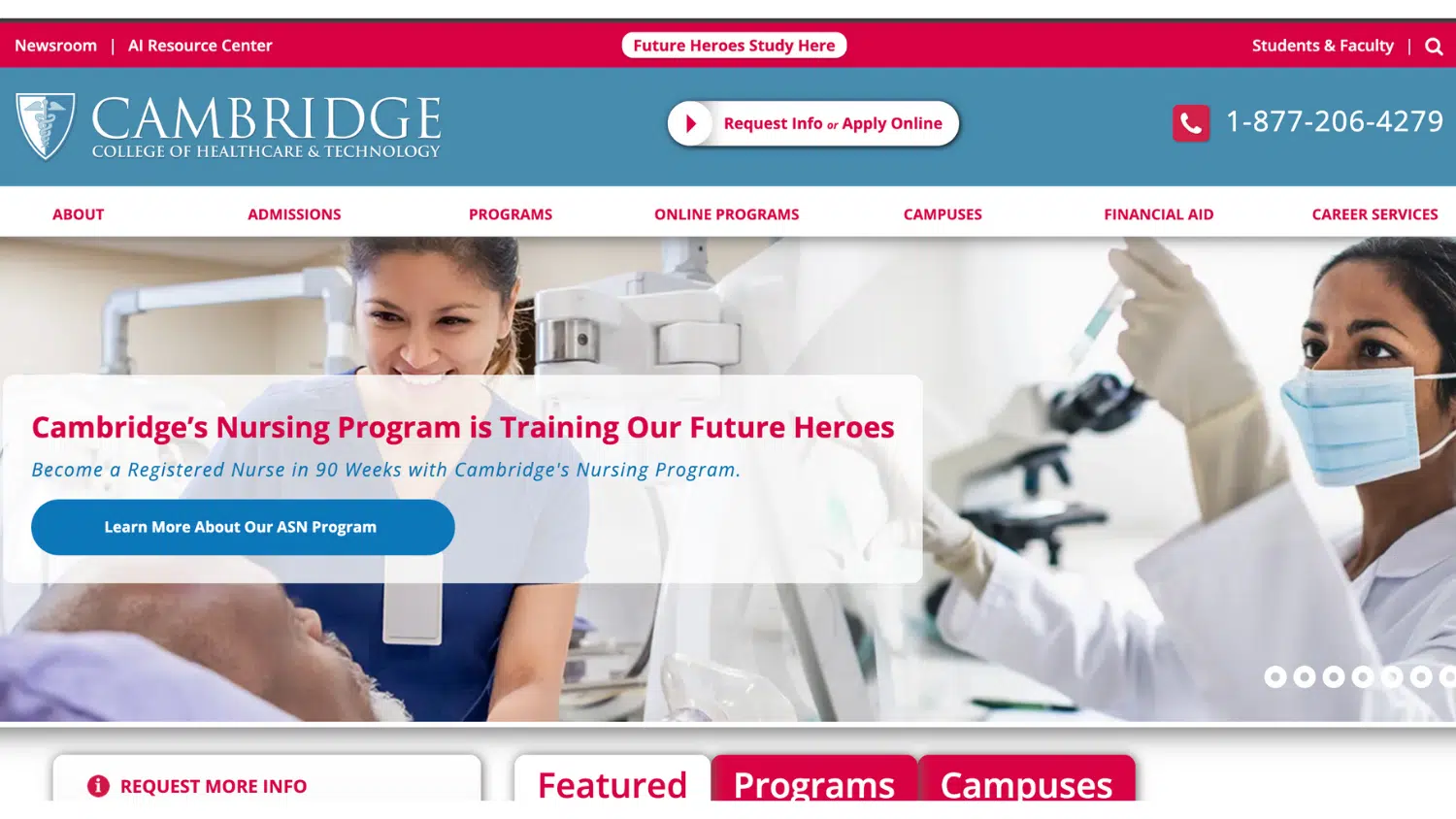 Homepage screenshot for Cambridge College of Healthcare & Technology featuring healthcare students, a call to action for the Nursing Program, etc