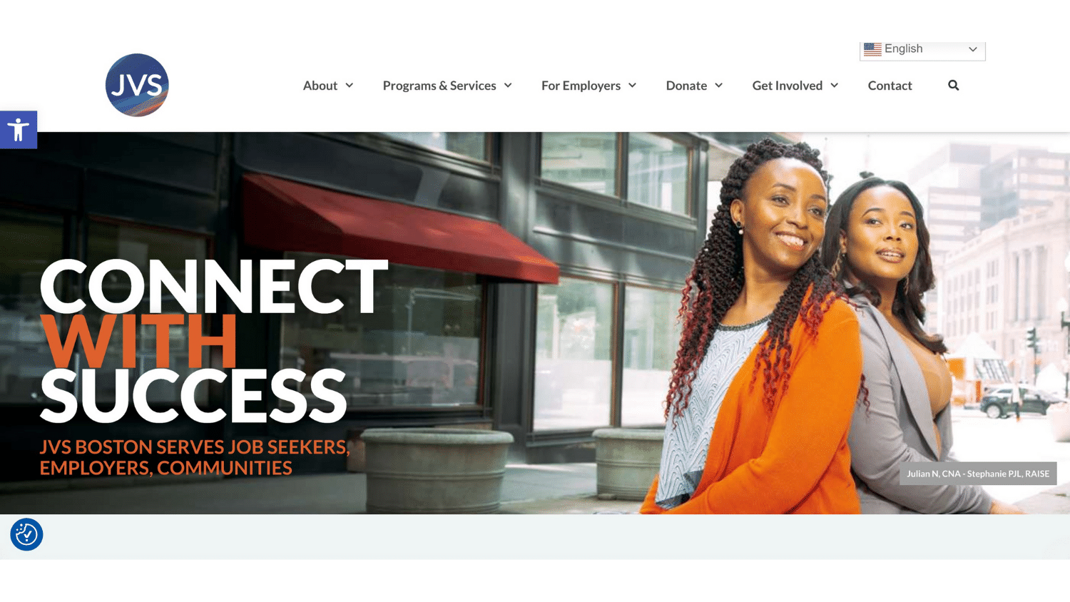 JVS Boston website banner featuring two smiling Black women against a city background with the overlay text CONNECT WITH SUCCESS