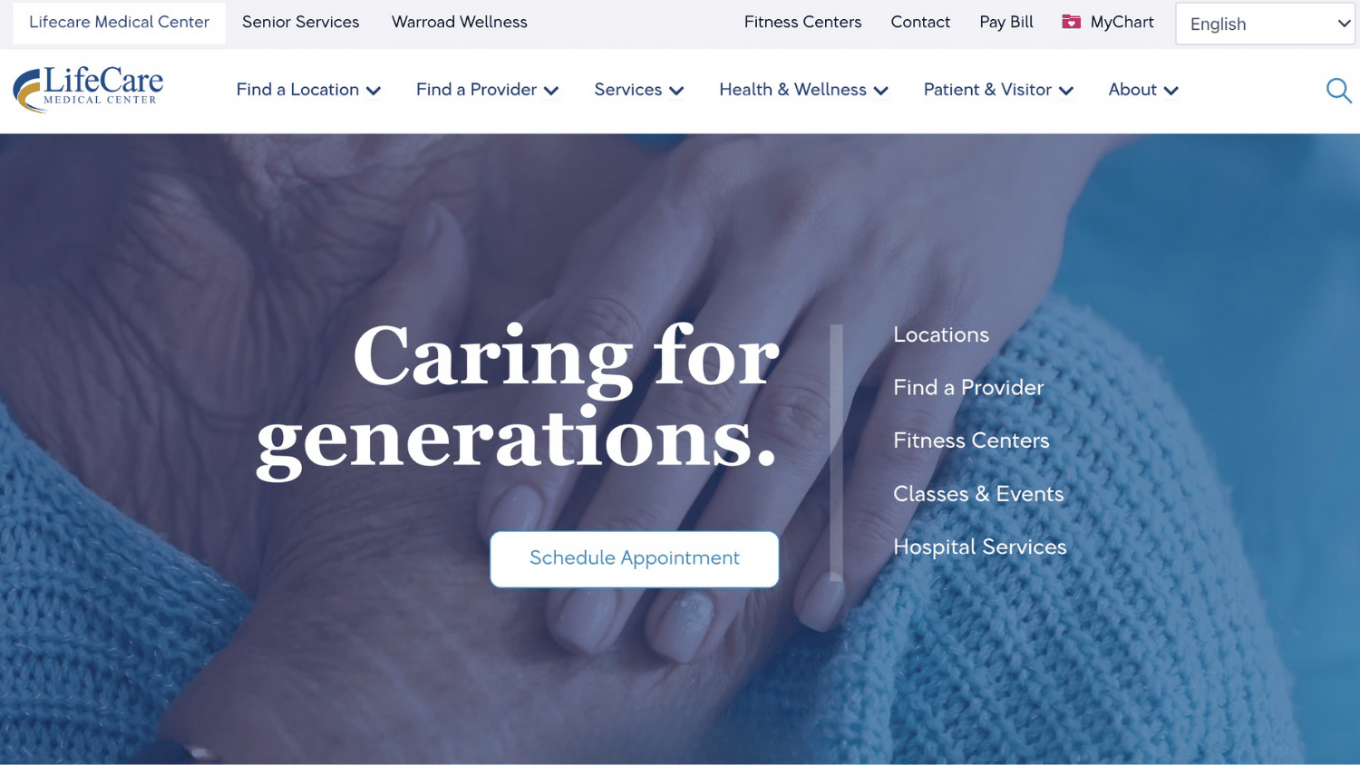 LifeCare Medical Center website homepage featuring the text Caring for generations over a background image of hands and the main navigation menu