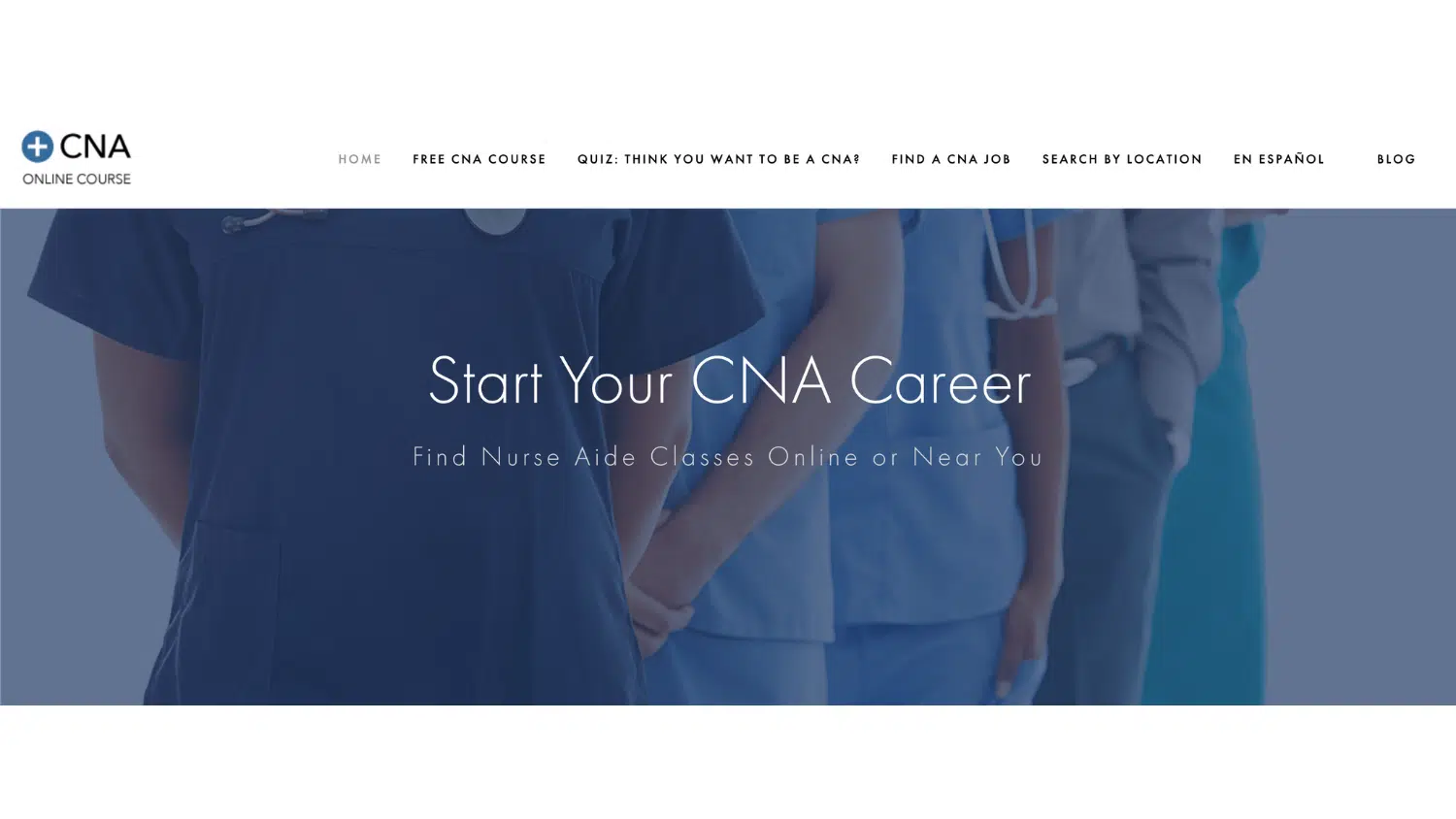 Website section featuring the CNA Online Course logo, navigation links, and text overlaying a background image of healthcare professionals