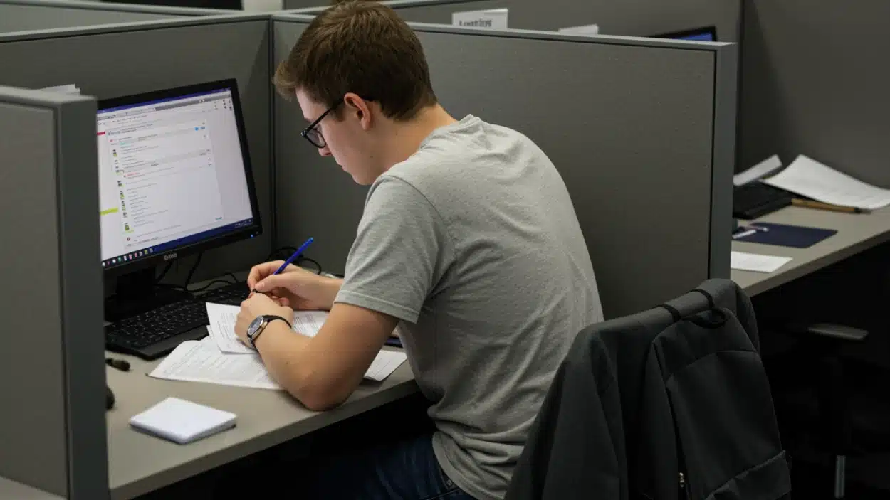 A young man wearing glasses and a grey shirt is giving the TOEFL exam on a computer in a grey office cubicle and writing on papers