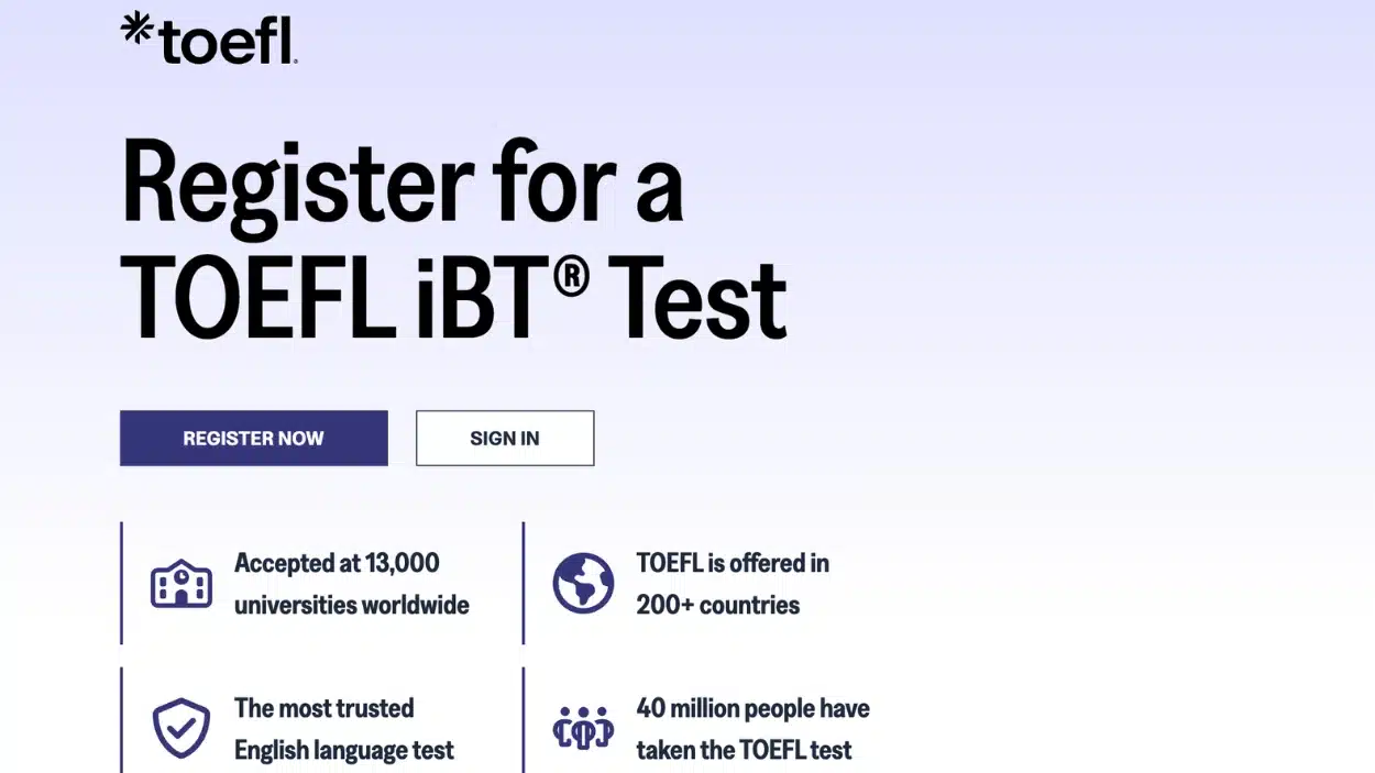 TOEFL iBT registration webpage featuring call-to-action buttons and statistics about test acceptance and usage