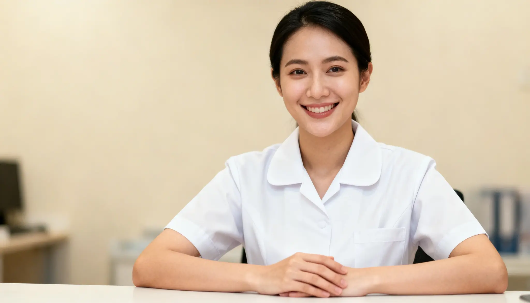 A CMA in a white medical uniform sits at a desk with her hands clasped, set against a softly blurred office background