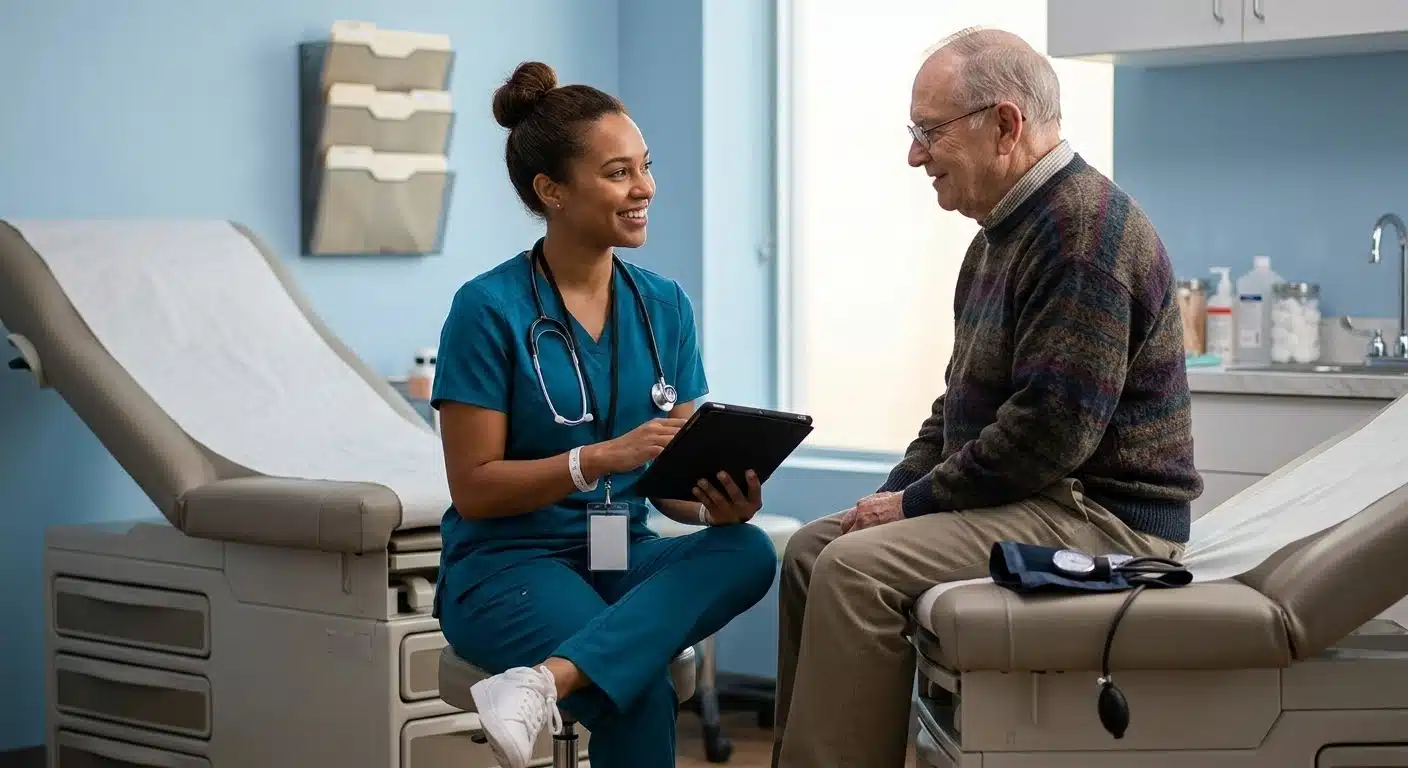 A CMA in blue scrubs holding a tablet talks with an elderly male patient sitting on an examination table in a medical office