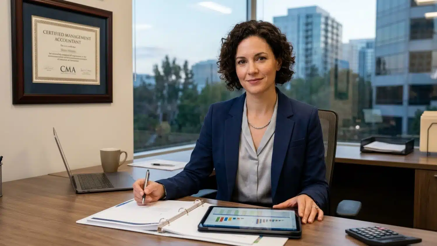 A Certified Management Accountant sitting at an office desk reviewing documents, with a CMA certificate visible on the wall