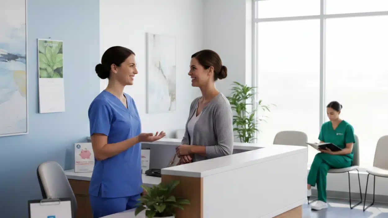 A certified medical assistant wearing scrubs smiles while speaking with a patient at the front desk, while a nurse works in the background