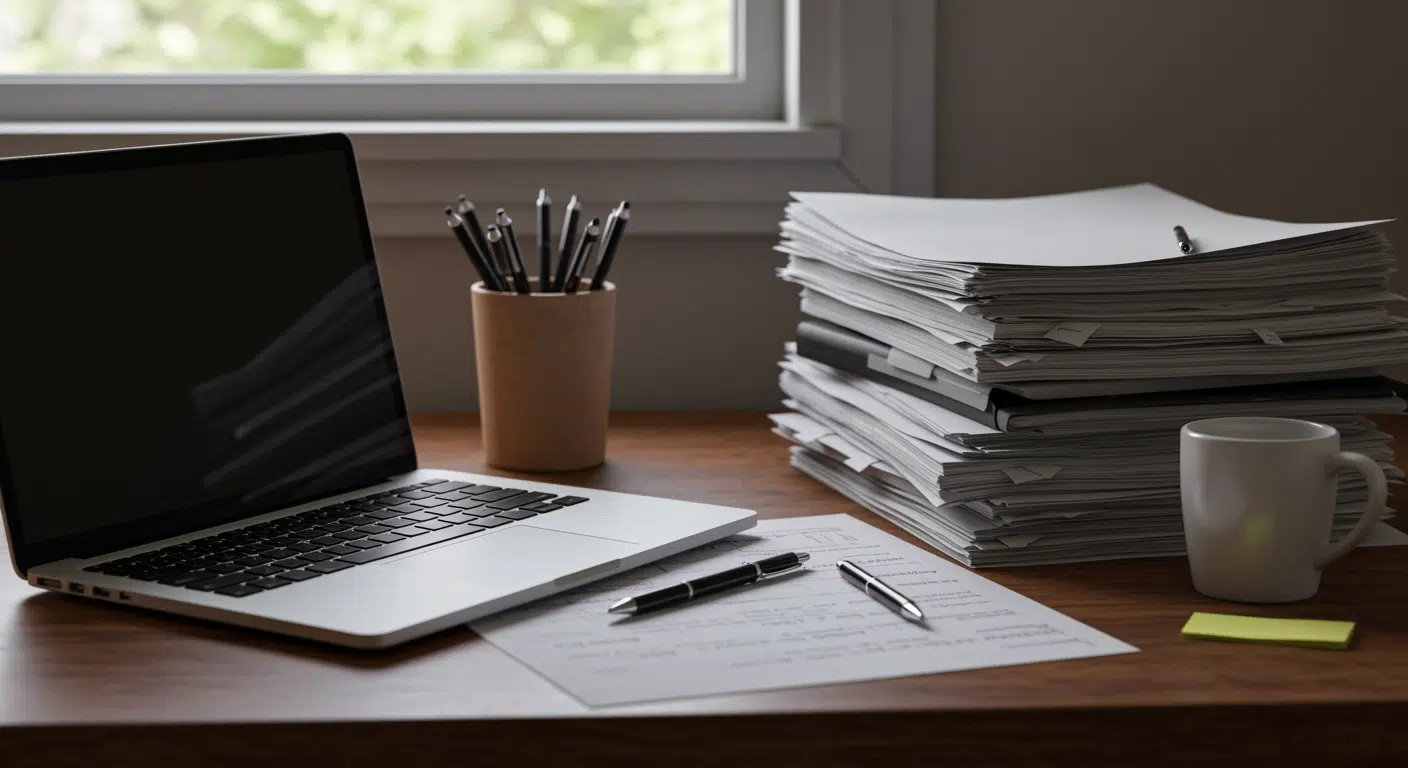 A cluttered wooden desk features an open laptop, a tall stack of white papers, a mug, and a pen holder near a bright window