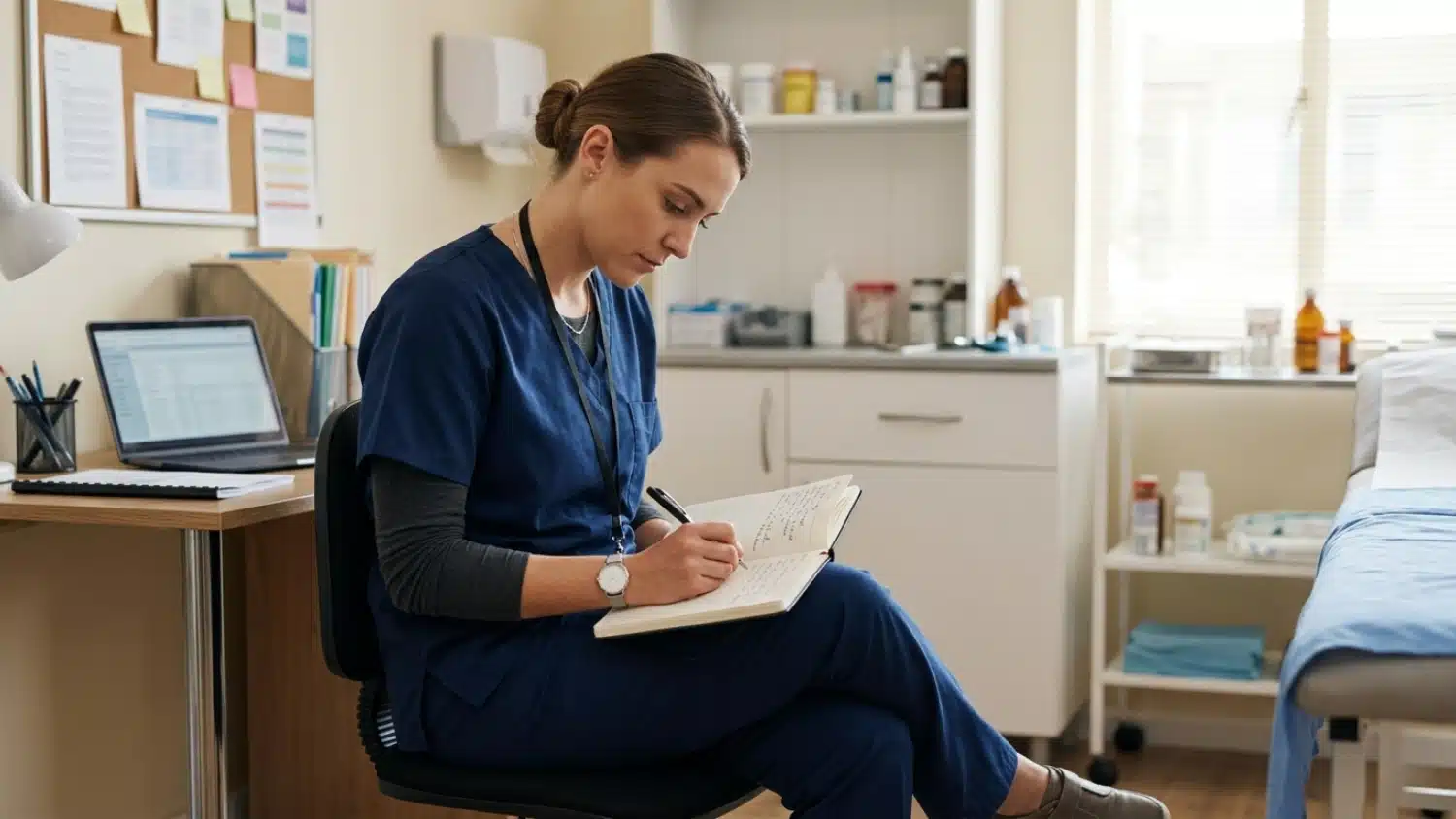 A female Registered Medical Assistant in blue scrubs writes notes in a journal while sitting in a brightly lit examination room