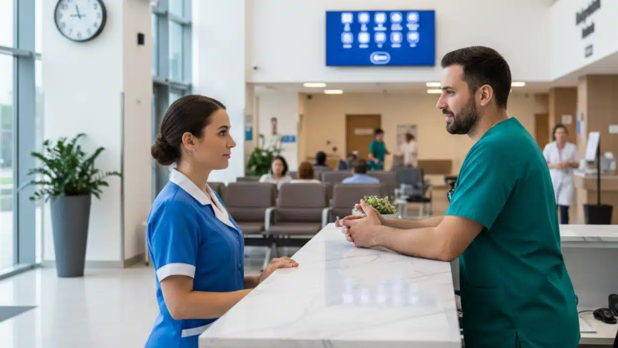 A female nurse in a blue uniform and a male medical worker in green scrubs converse across a marble reception