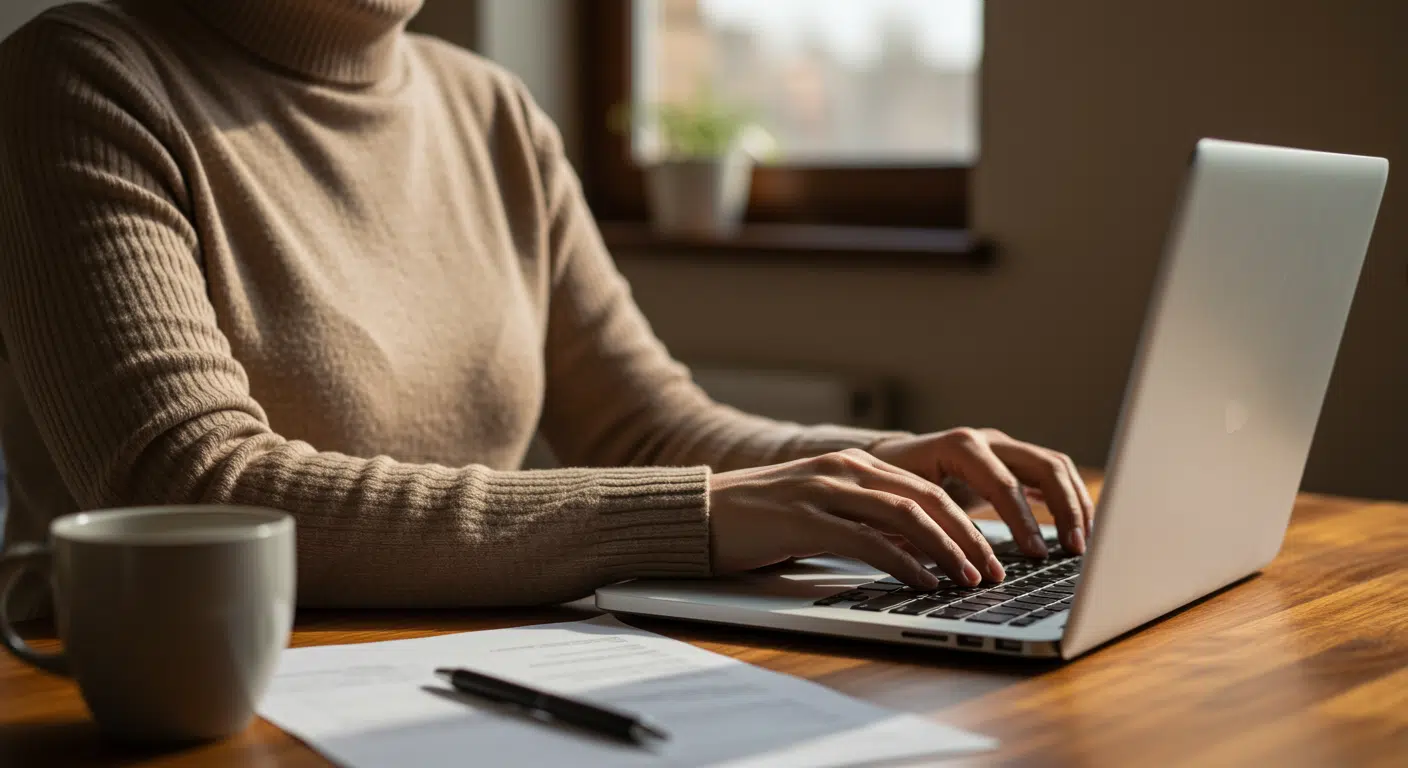 A person in a beige sweater types on a laptop at a wooden table. A cup and documents with a pen are nearby, creating a cozy workspace