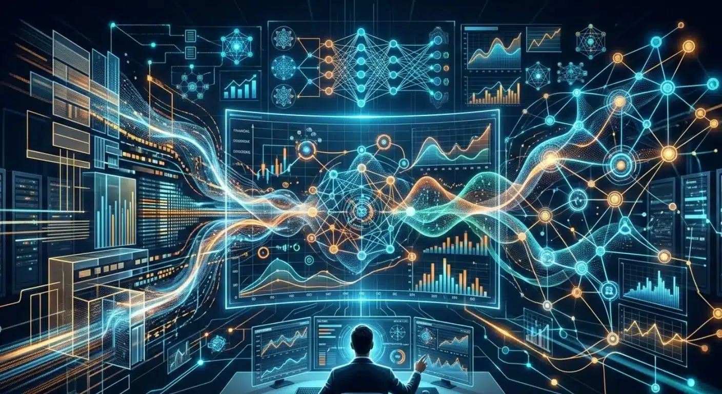 A silhouette of a person sits at a desk analyzing complex data visualizations, neural networks, and glowing blue and orange graphs