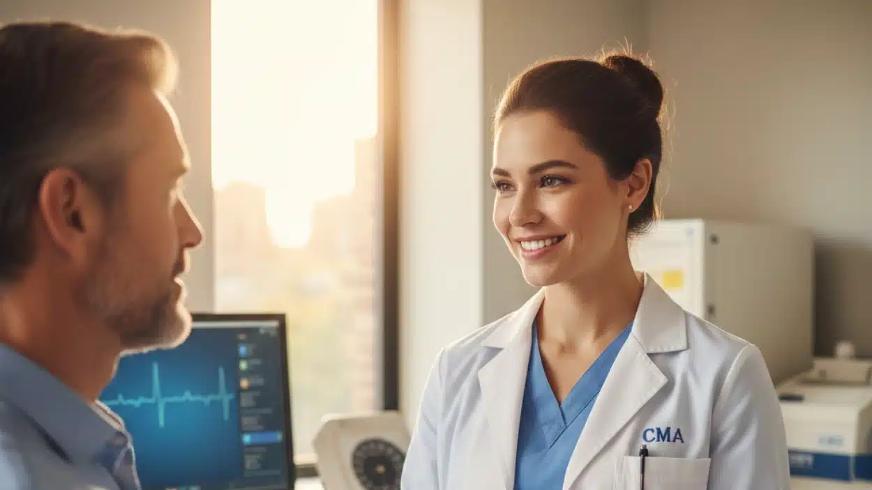 A smiling female CMA in a lab coat speaks with a bearded male patient and a monitor displaying an EKG reading