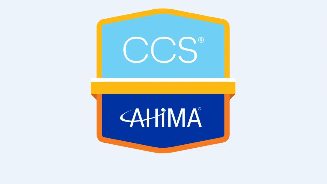 A white text _CCS_ on a light blue panel and _AHIMA_ on a dark blue panel, bordered in orange and yellow for CCS Certification