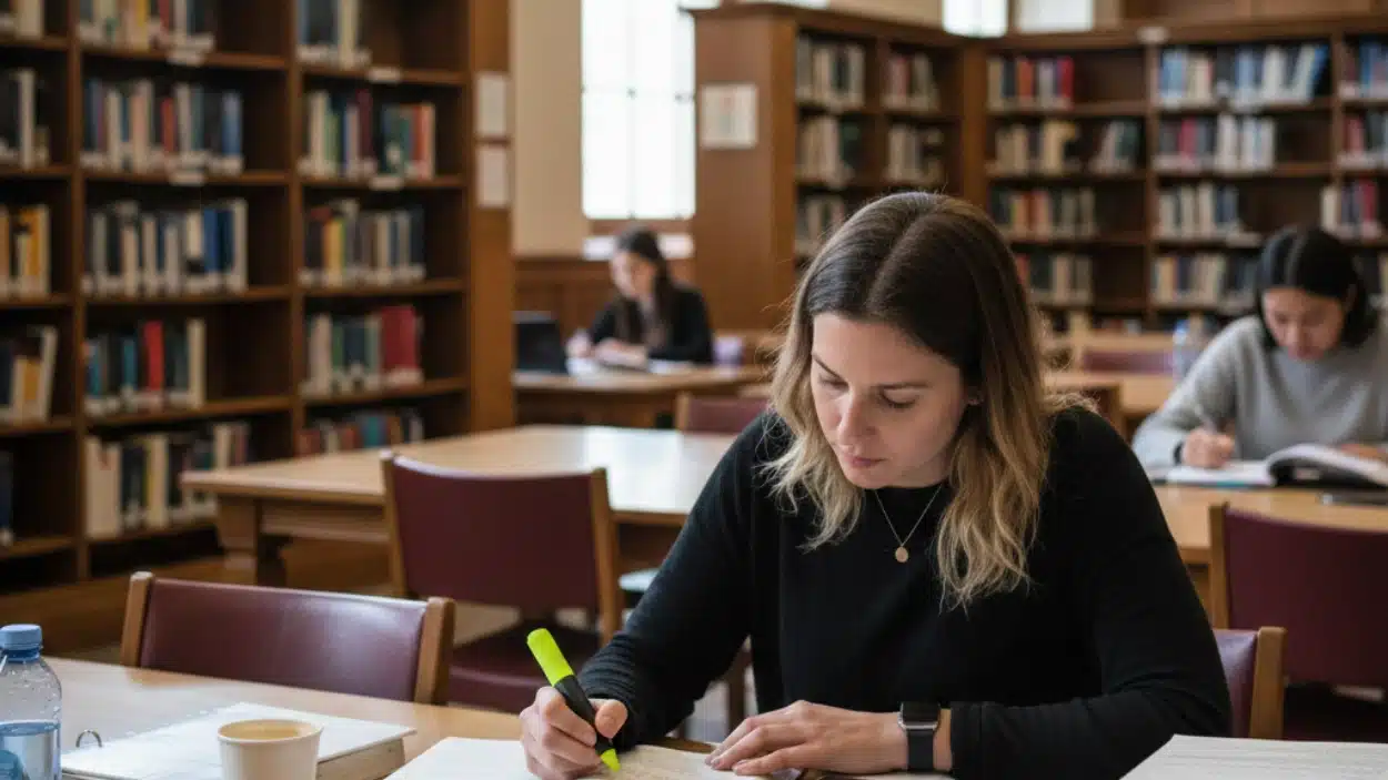 A woman wearing a black top highlights text on a CMA practice test, sitting in a traditional library surrounded by tall wooden bookshelves