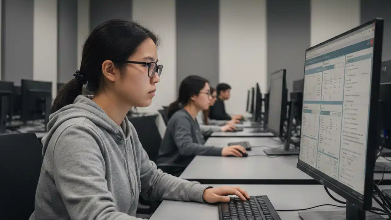 A young female student wearing glasses and a grey hoodie, preparing for CCS, working on a computer interface in a modern computer lab