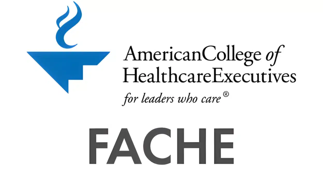 American College of Healthcare Executives (ACHE) featuring a blue flame icon, with the tagline _for leaders who care_ and the acronym FACHE