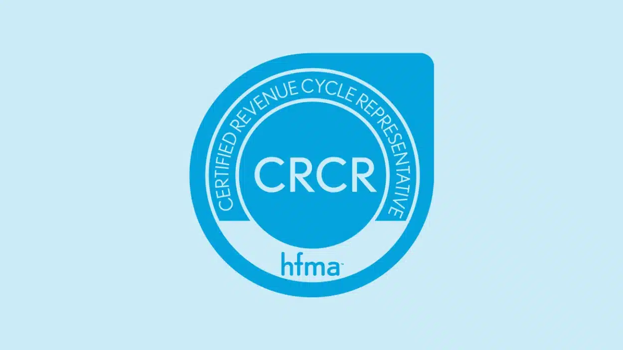 Blue Certified Revenue Cycle Representative (CRCR) certification logo featuring the HFMA acronym on a light blue background