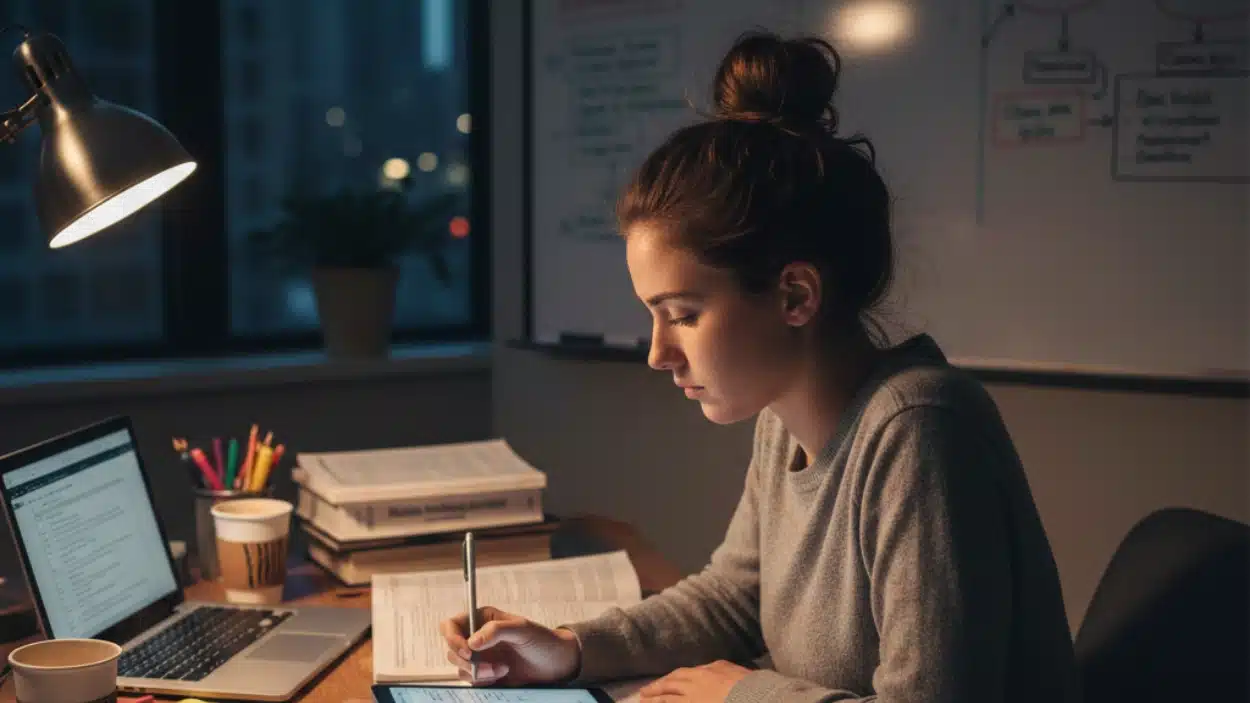 Focused young woman studying late at night for CRCR certification, surrounded by a laptop, books, and coffee cups