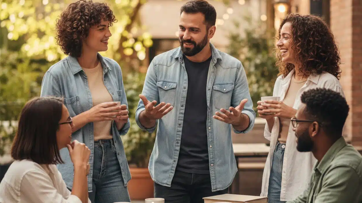 Four young adults in denim and casual wear converse outdoors at a cafe or patio setting about their CPC exam experiences