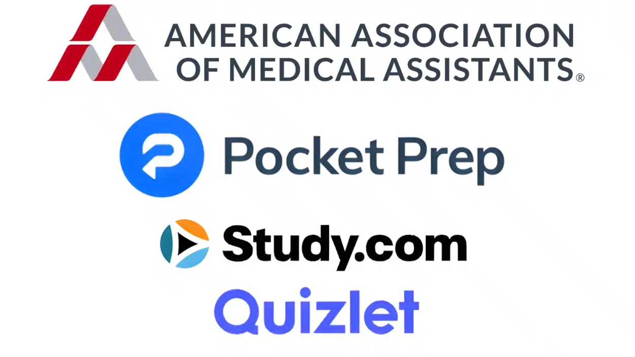 Logos for the American Association of Medical Assistants, Pocket Prep, Study.com, and Quizlet stacked vertically on a white background
