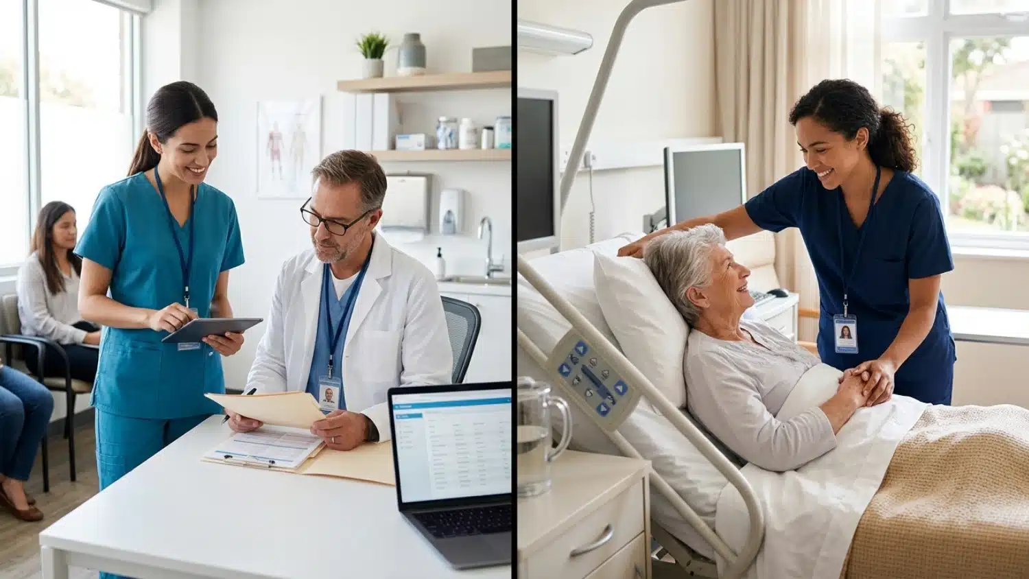 Split image showing a CMA working in an office setting alongside a CNA caring for an elderly patient in a hospital room