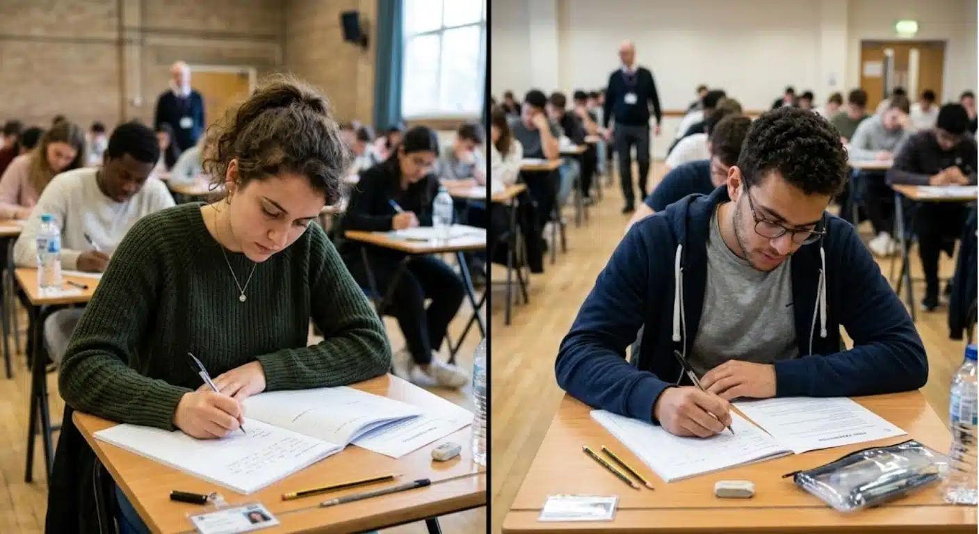 Split image showing focused students taking a CMA and CCMA examination in large, supervised halls with invigilators present