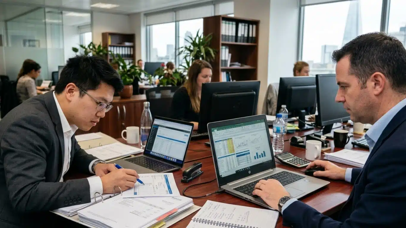 Two CMA and CPA professionals in suits review spreadsheets and documents at a shared desk in a modern, busy office