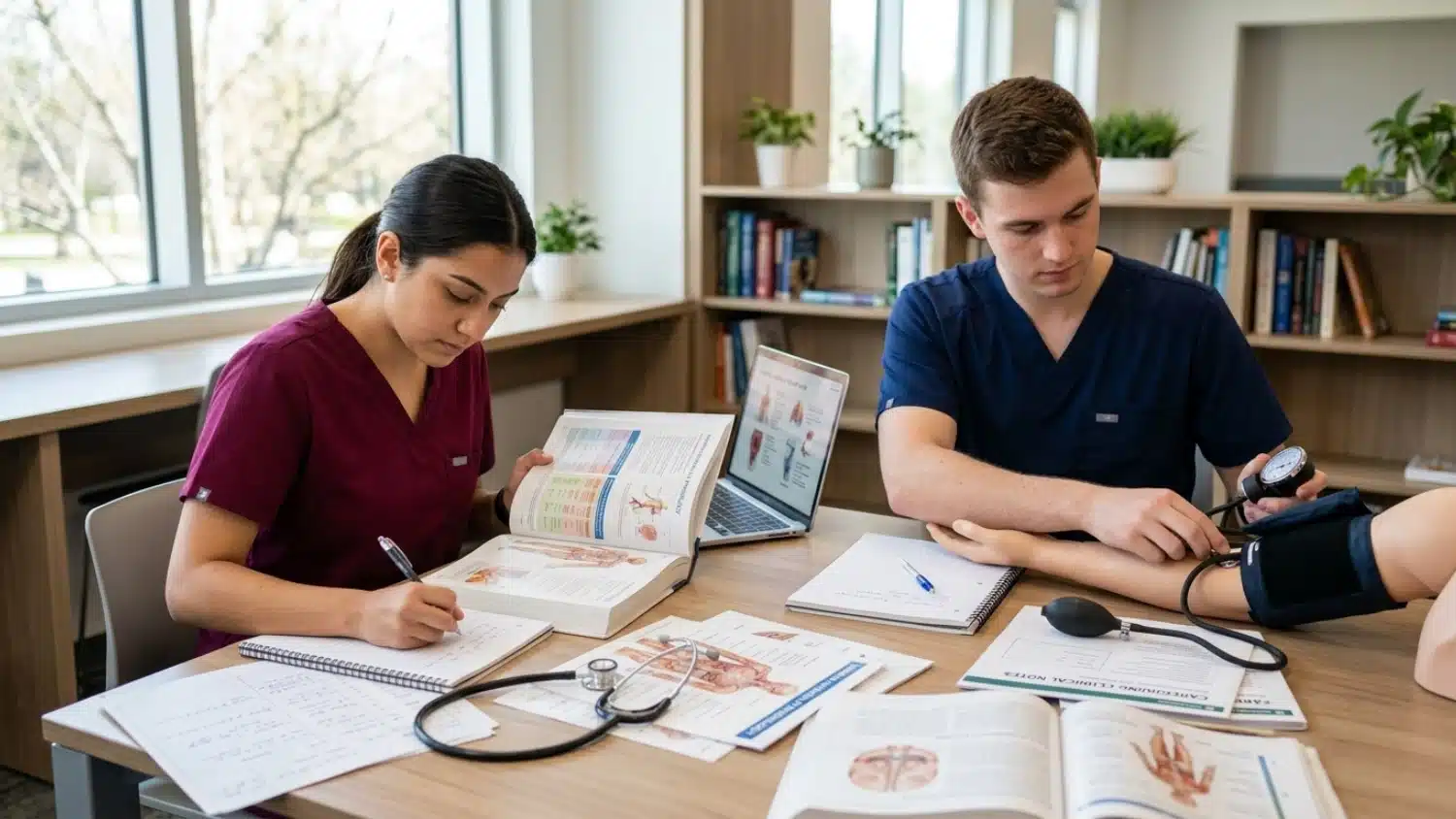 Two medical students in scrubs study anatomy resources, one taking notes while the other practices taking blood pressure on a training arm