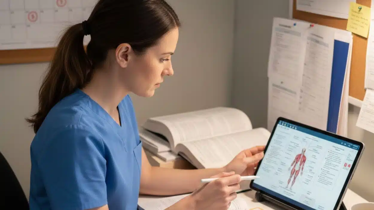 Young female medical student in blue scrubs studying human anatomy on a tablet for CPMA Certification