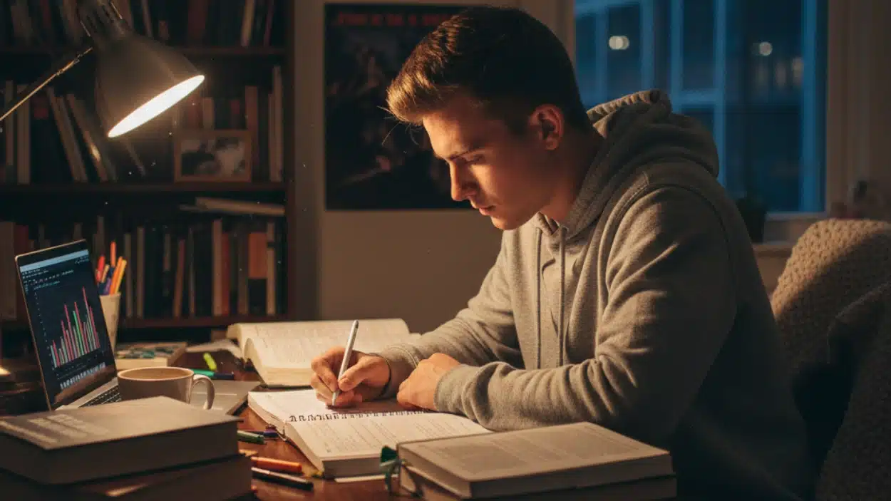 Young man in a grey hoodie studying for his CPC exam, illuminated by a desk lamp, with books and a laptop displaying charts nearby
