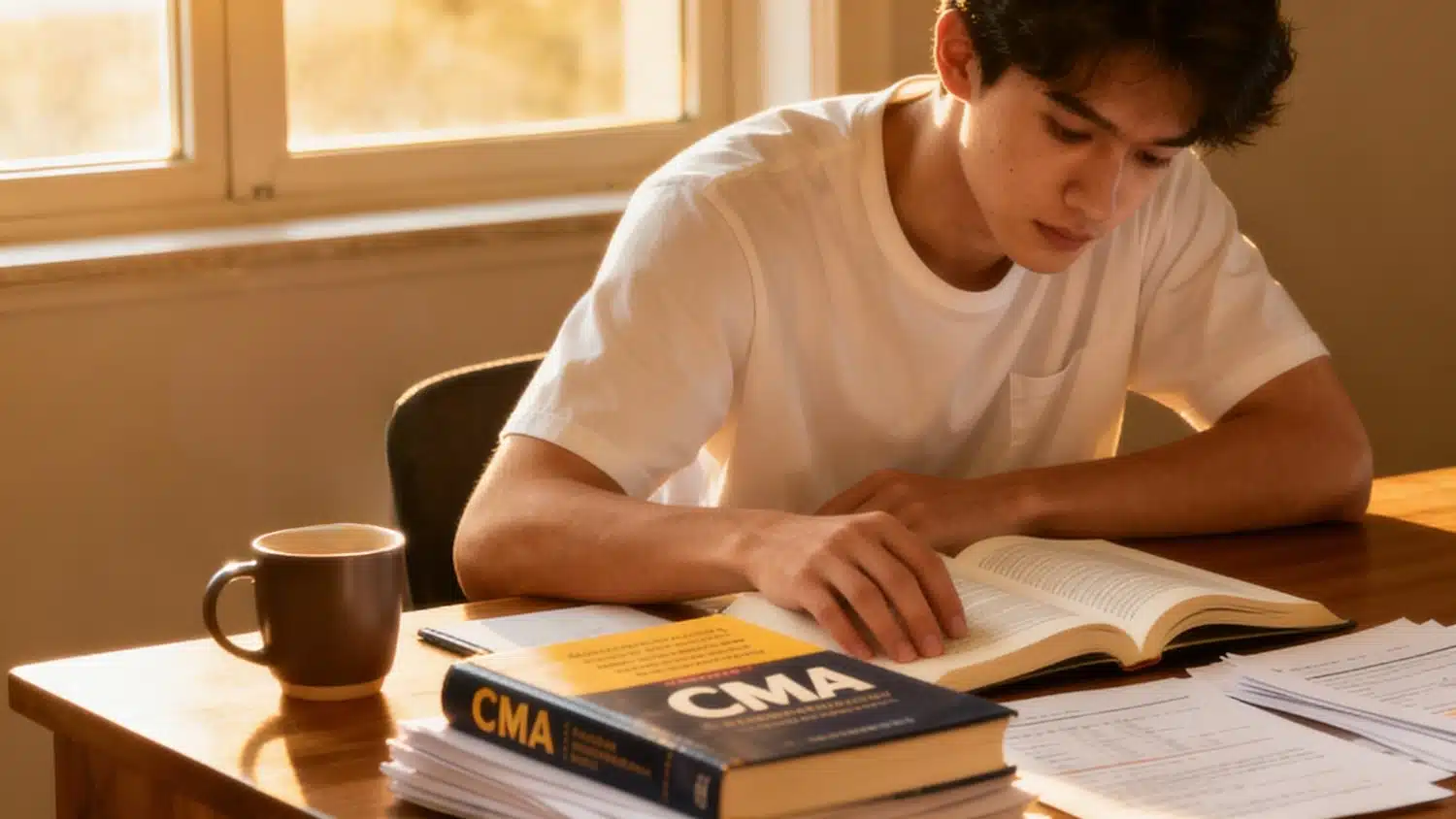 Young man in a white t-shirt studying a CMA textbook with a mug of coffee on a sunlit wooden desk