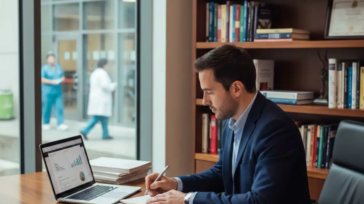 man in a suit is working on a laptop, displaying charts and filling out a FACHE certification form. Behind him is a large window in the background