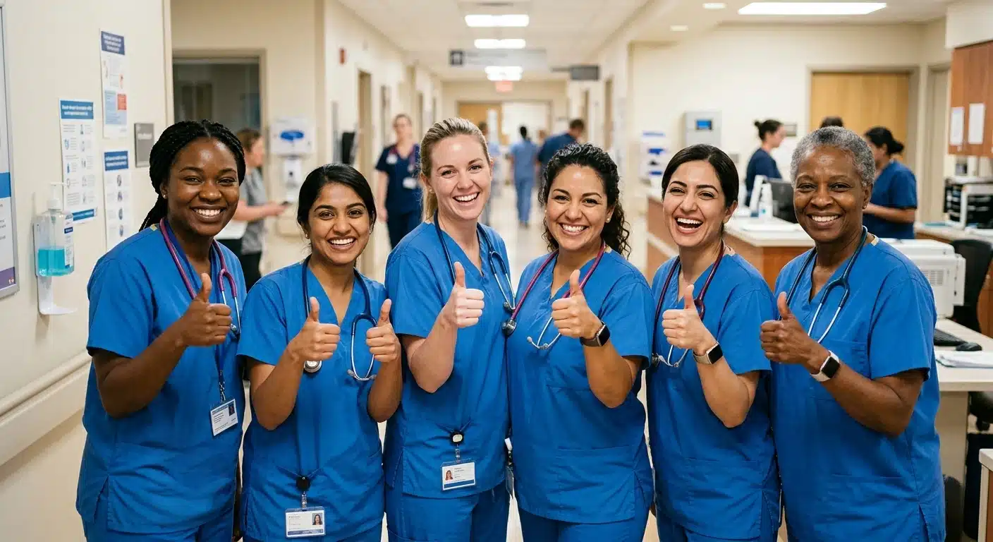 A diverse group of six smiling nurses in blue scrubs stand together in a hospital hallway, giving thumbs-up gestures