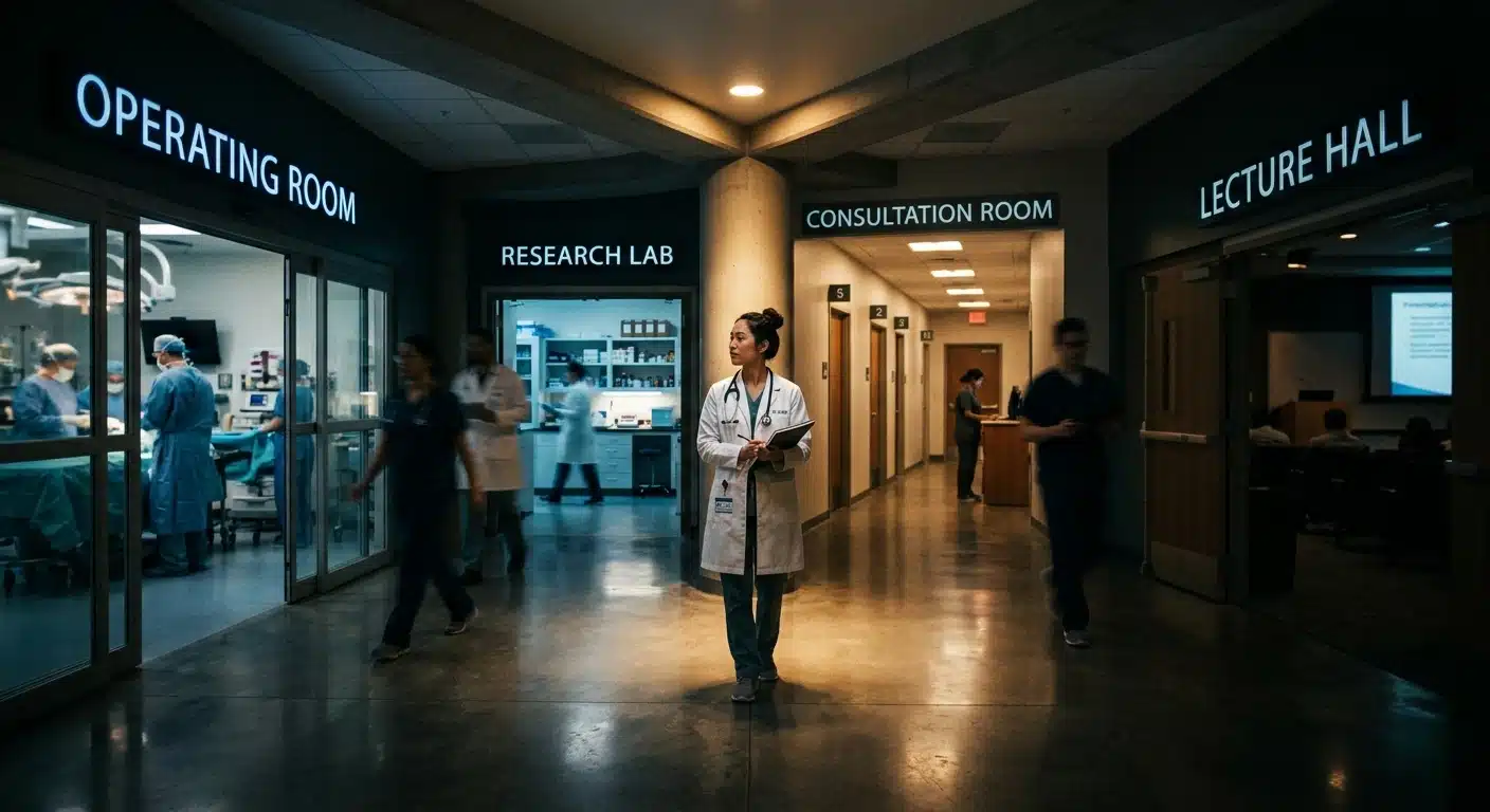 A female doctor stands in a dimly lit hospital corridor featuring signs for an Operating Room, Research Lab, Consultation Room, and Lecture Hall