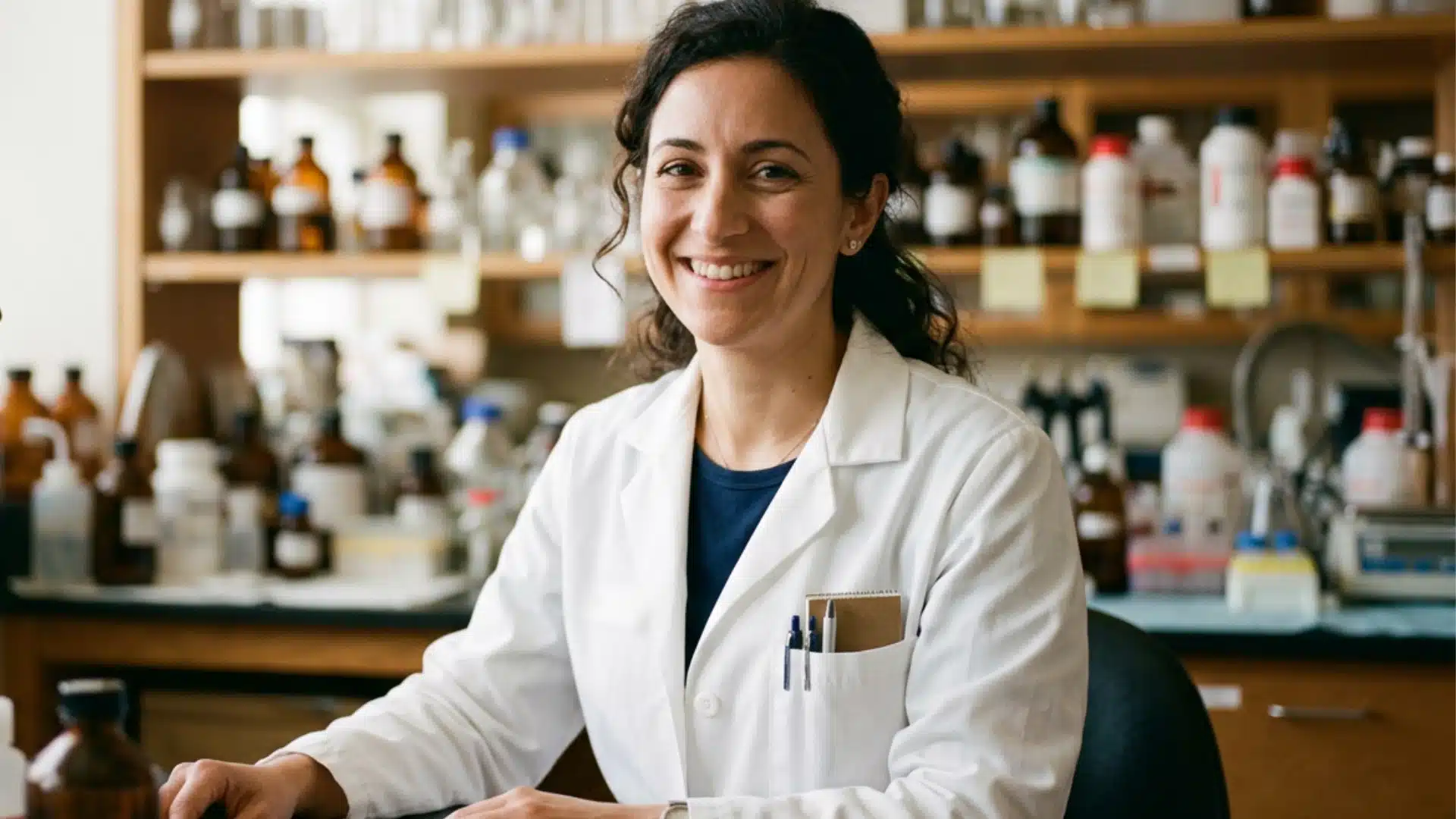 A female pharmacist in a white coat sits at a pharmacy surrounded by shelves