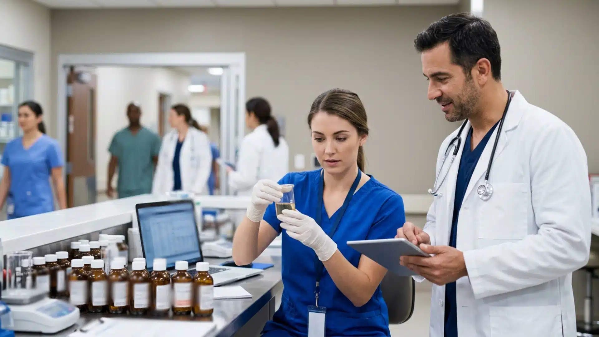 A male doctor reviews results on a tablet with a female nurse examining a vial of yellow liquid in a busy medical laboratory setting