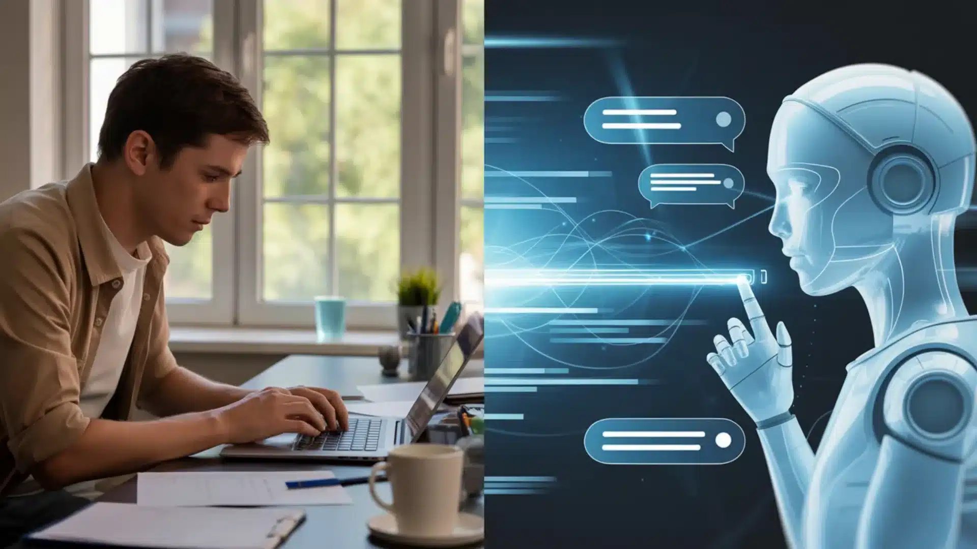 A man types on a laptop next to a digital blue robot profile with chat bubbles and data lines