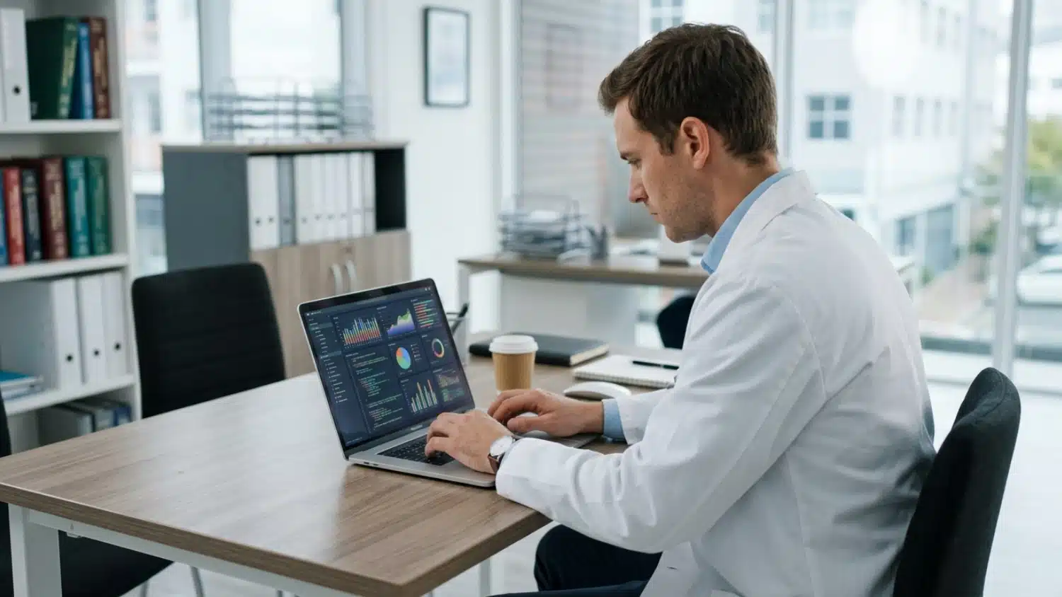 A scientist in a white lab coat works on a laptop displaying complex data visualizations at an office desk near a large window