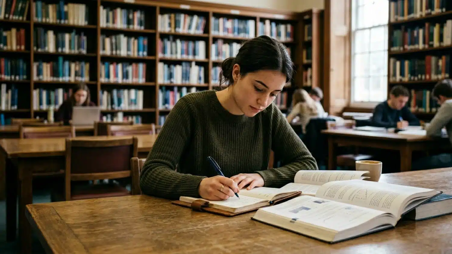 A student in a dark green sweater studies intently at a wooden table in a library filled with tall bookshelves and other focused students