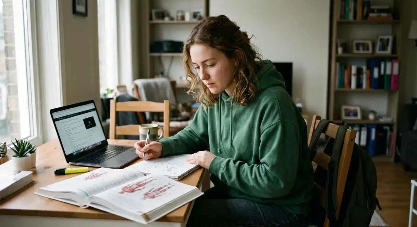 A woman in a green hoodie is studying at a wooden desk with an open textbook, laptop, and notebook in a brightly lit room