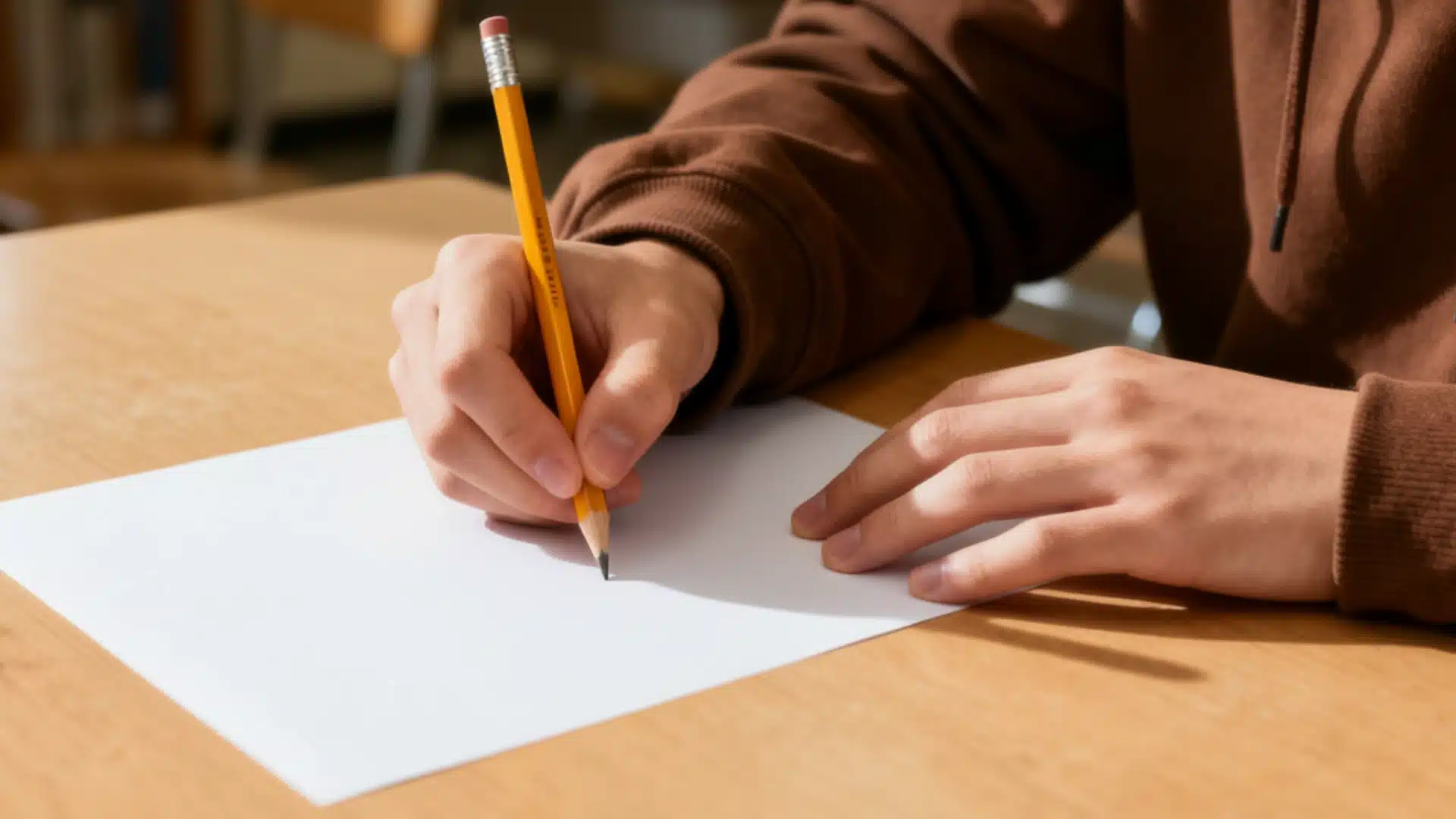 A student in a brown hoodie holds a yellow pencil over a blank white page for The 7 Subjects on the MCAT What Each Section Tests
